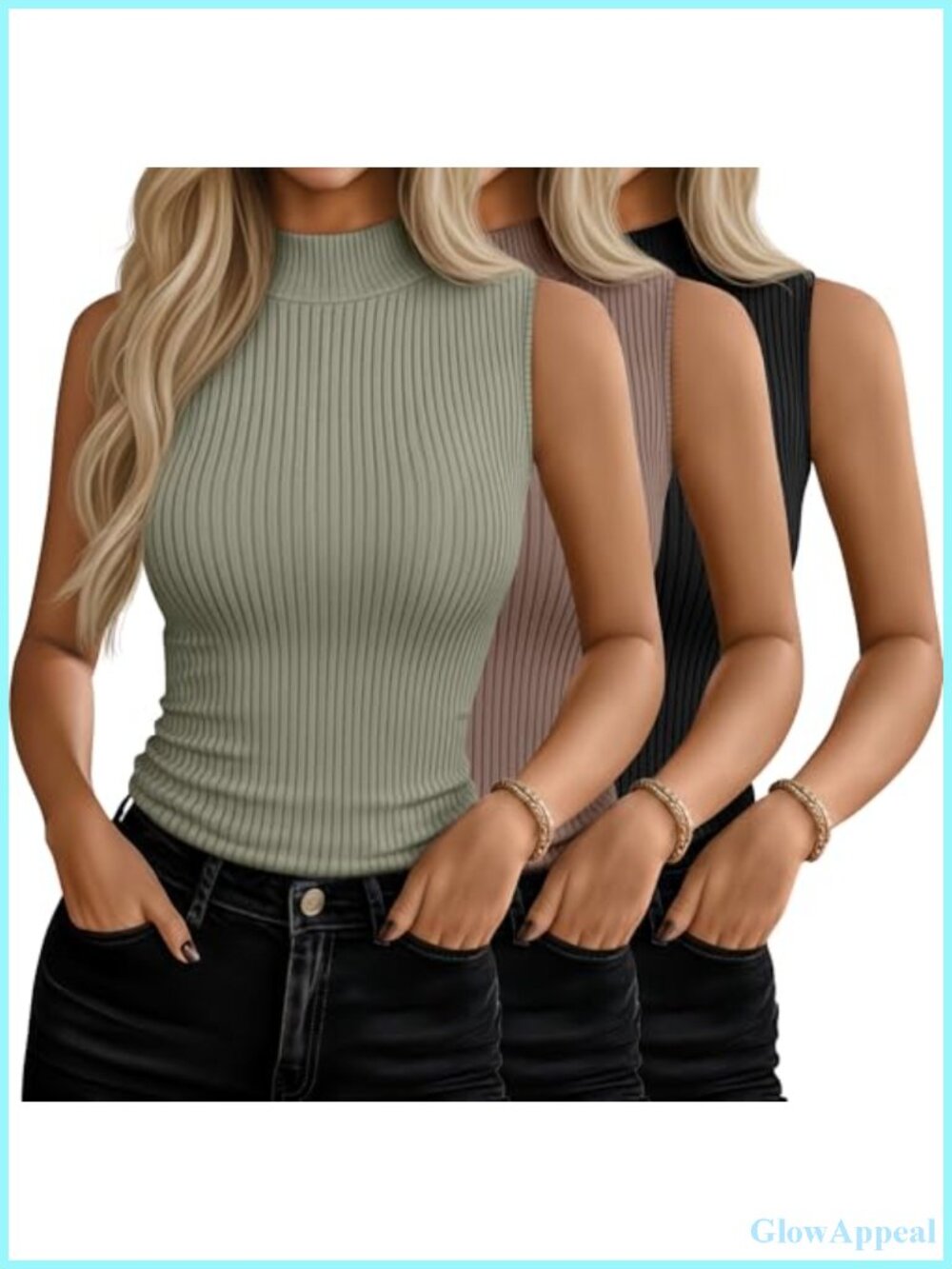 3 Pack Womens Sleeveless Mock Neck Turtleneck Tops Fitted Stretch Tank Shirts